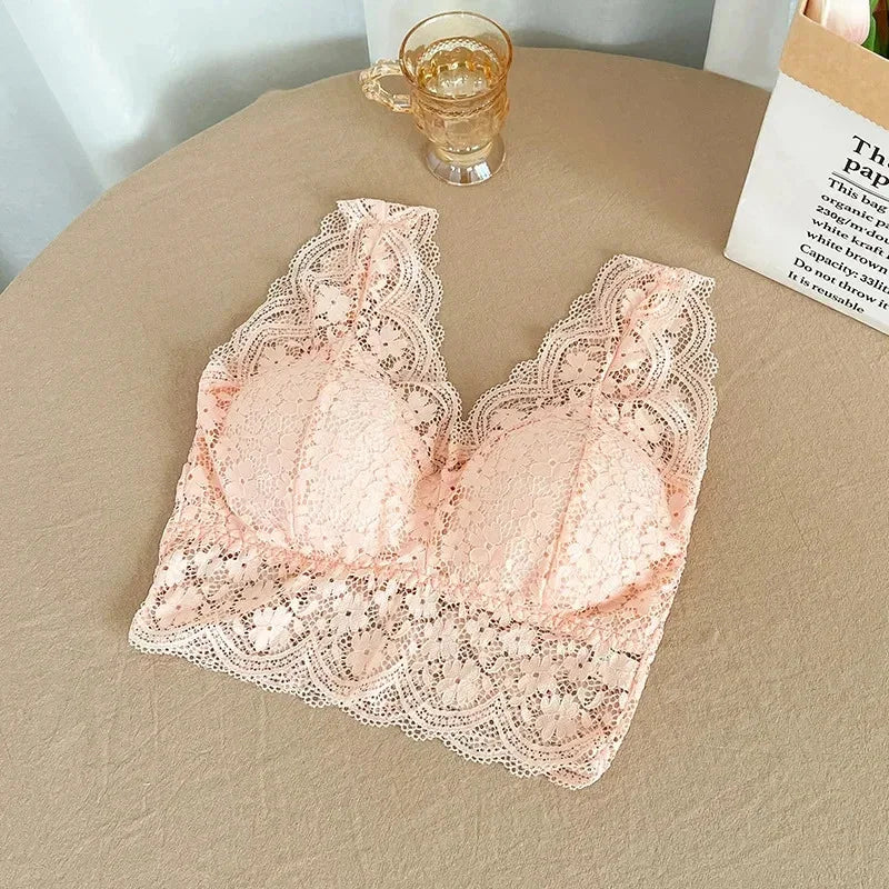 Sujetadores de encaje para mujer, Top con escote en V profundo, lencería Sexy sin aros, camisetas sin mangas, ropa interior femenina, Bralette con espalda en V, camisola acolchada