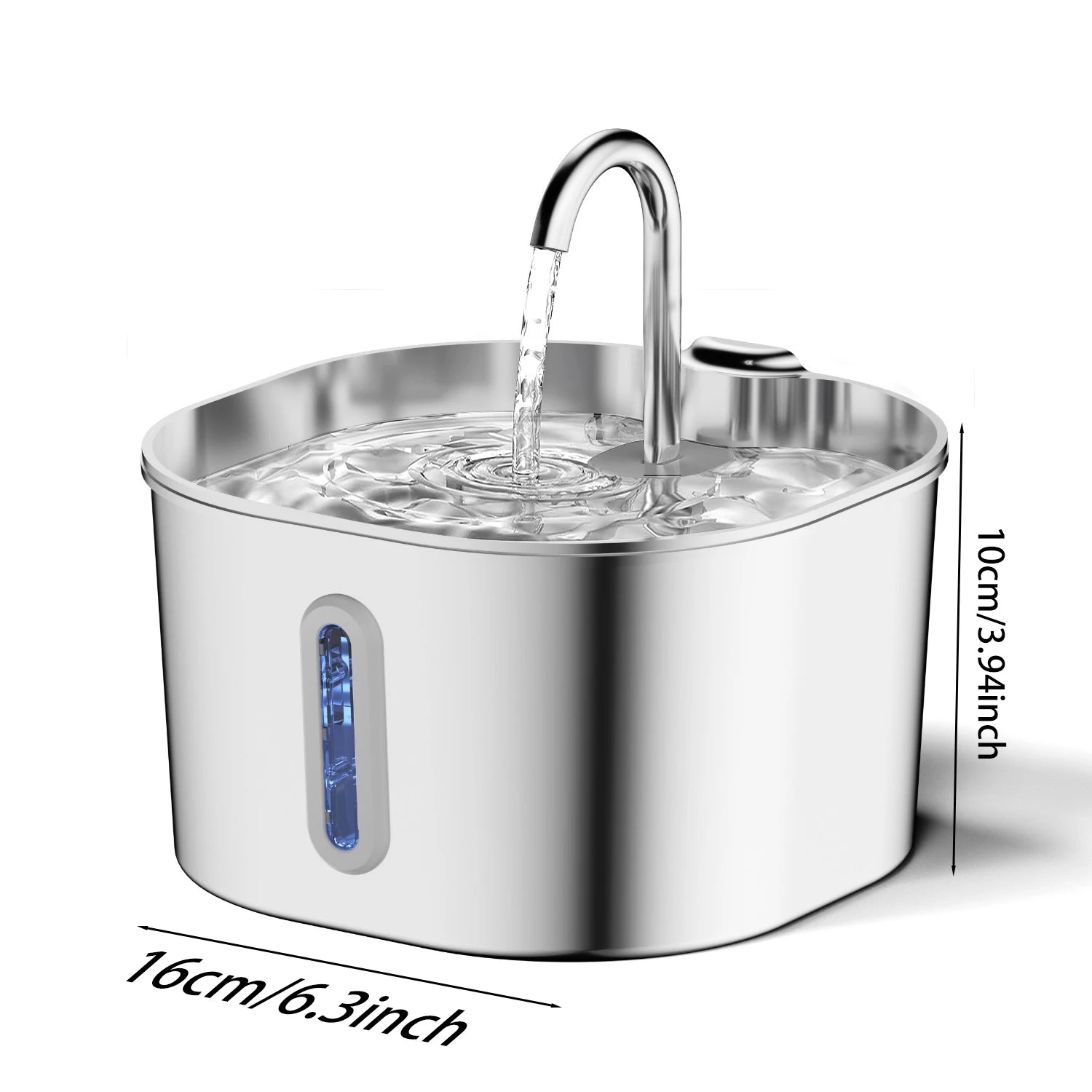 ZYFeeder Fuente de agua automática para gatos de 2,2 L, alimentador de agua cuadrado de acero inoxidable para mascotas, fuente de agua para perros con ventana (sin enchufe de 5 V 1 A)