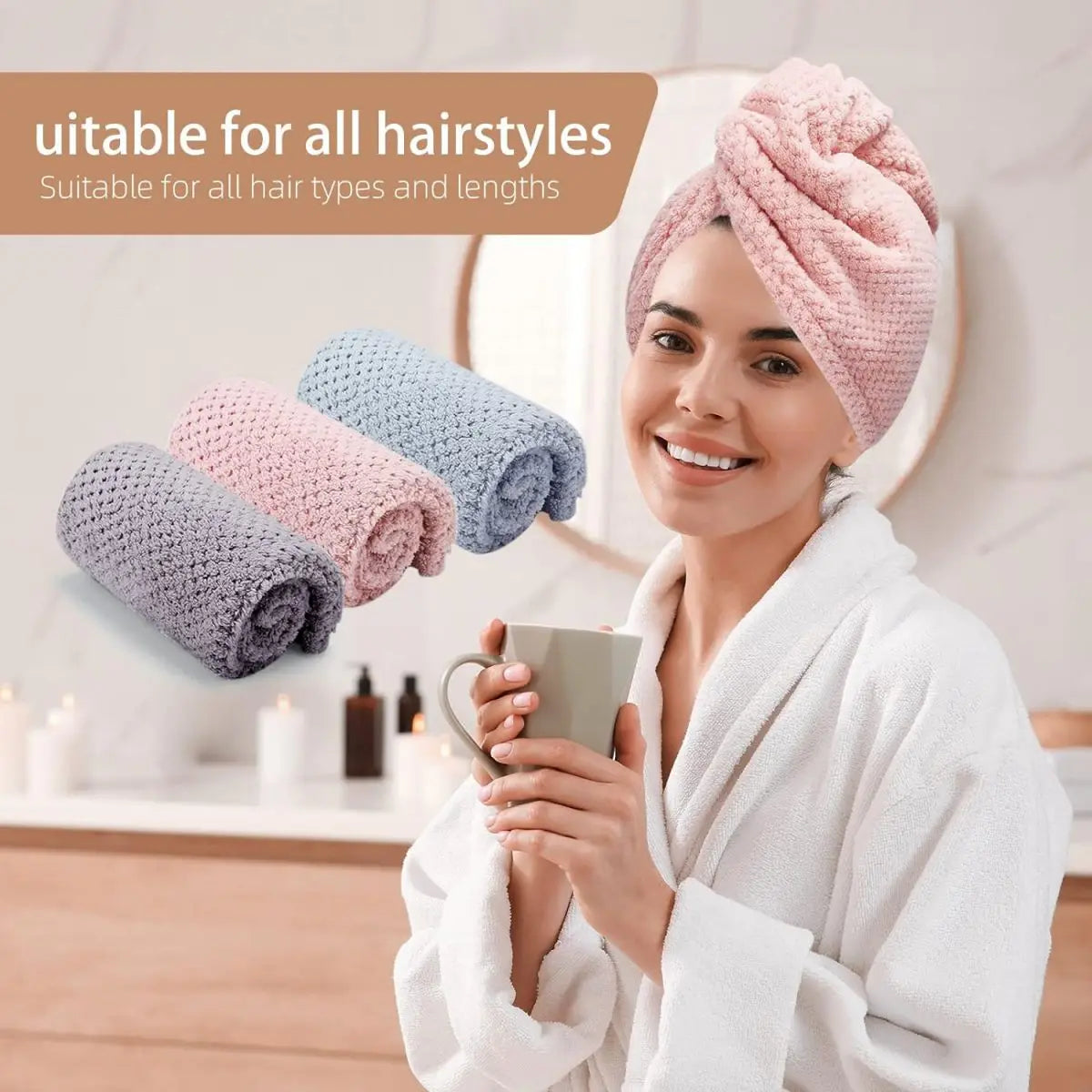 Toalla para el cabello de color sólido Gorro para el cabello seco texturizado 9,8 "X 25,5" toalla absorbente para el cabello para mujeres con botones