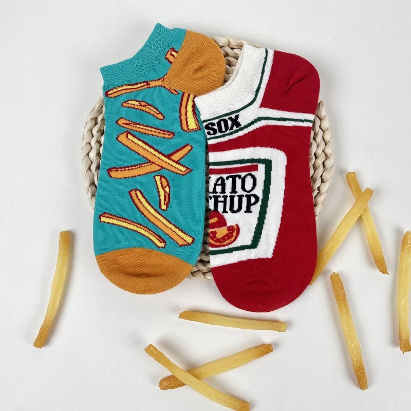 1 par Unisex divertido estilo AB tomate Ketchup French Fry impreso calcetines a media pantorrilla traje en todas las estaciones