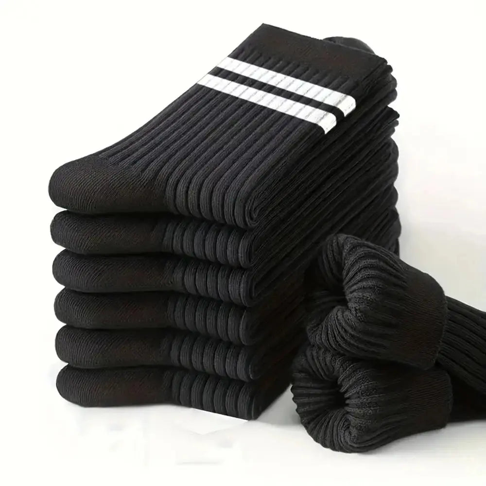 6/10 pares de calcetines para hombre, calcetines sencillos informales a rayas blancas y negras para primavera y otoño, calcetines transpirables de tubo medio, calcetines de cuello redondo de alta calidad