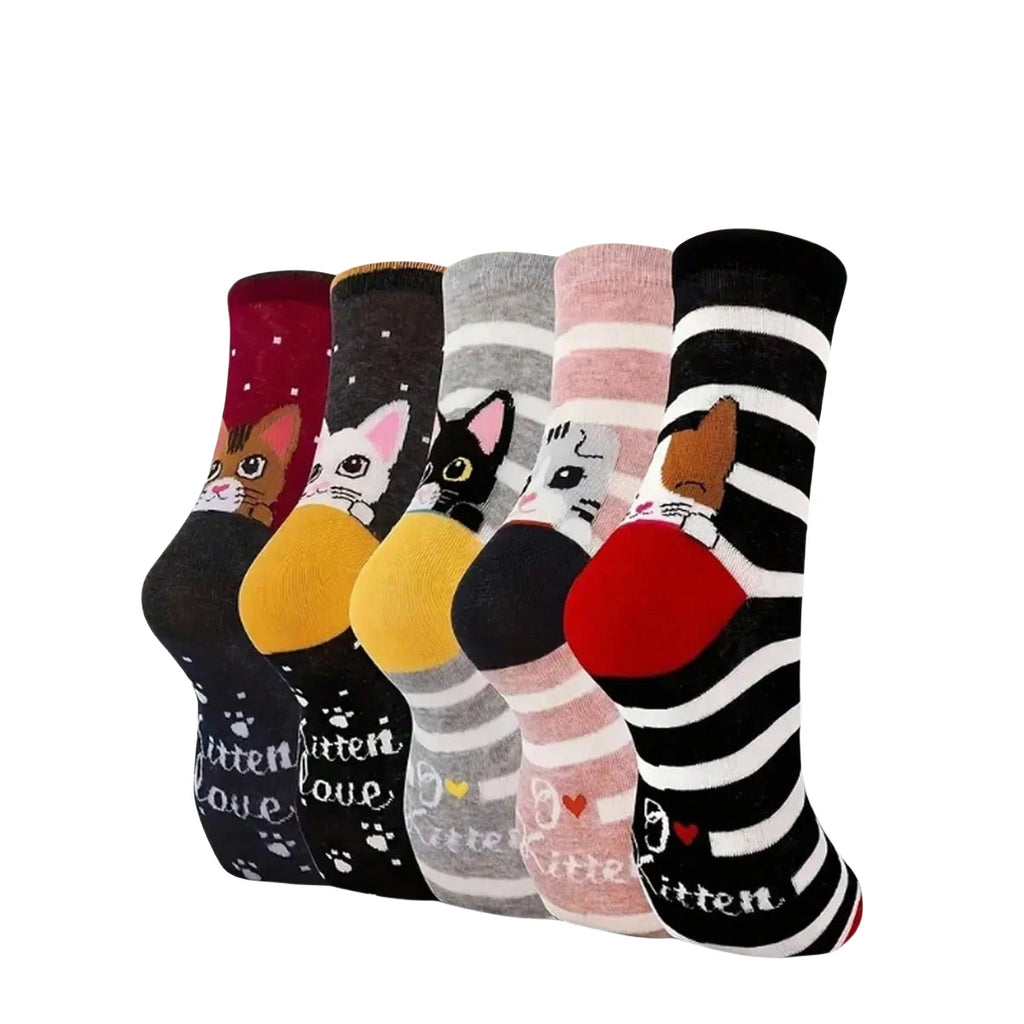 5 pares de calcetines de mujer con estampado de gato, lindos, únicos, divertidos, cómodos, que absorben la humedad
