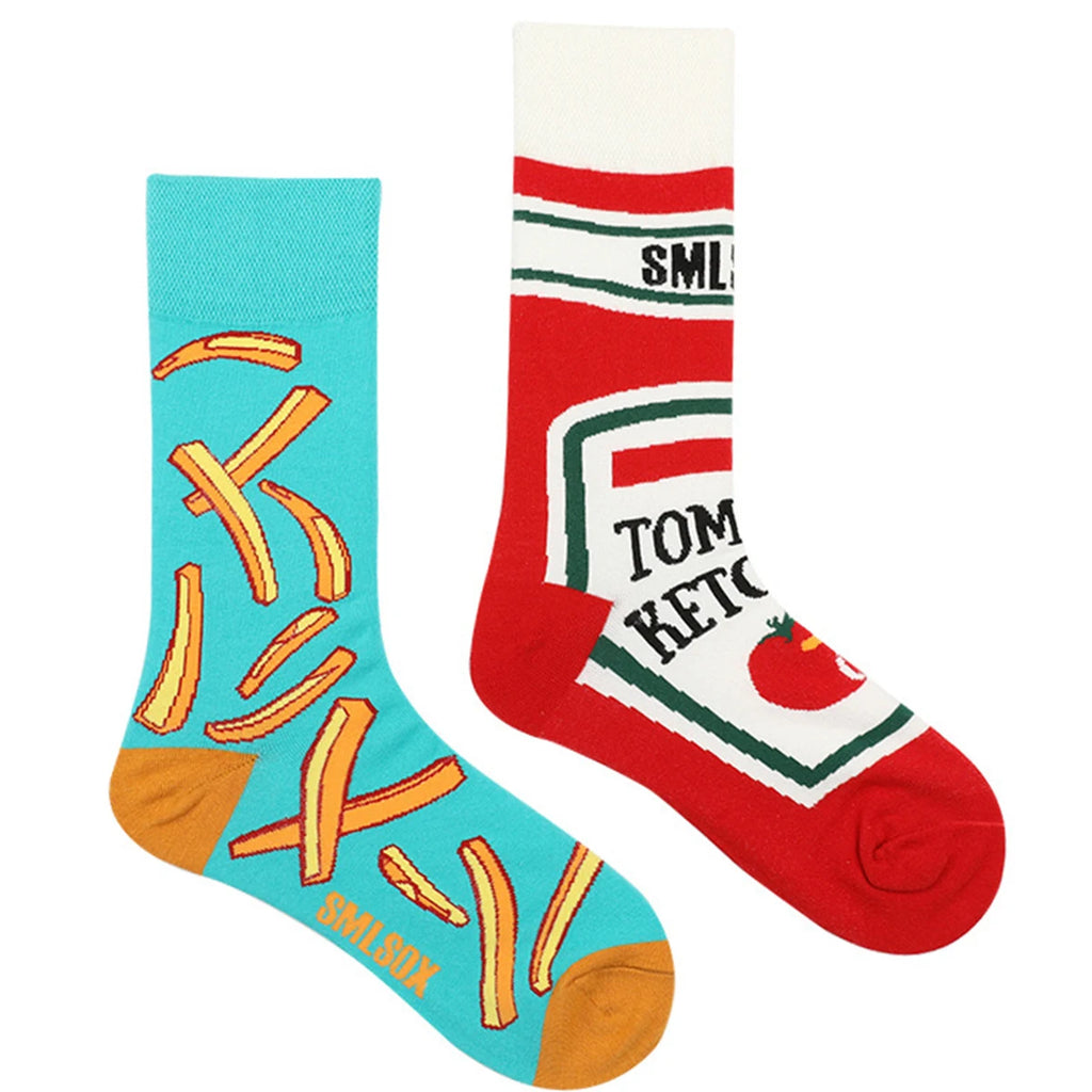 1 par Unisex divertido estilo AB tomate Ketchup French Fry impreso calcetines a media pantorrilla traje en todas las estaciones