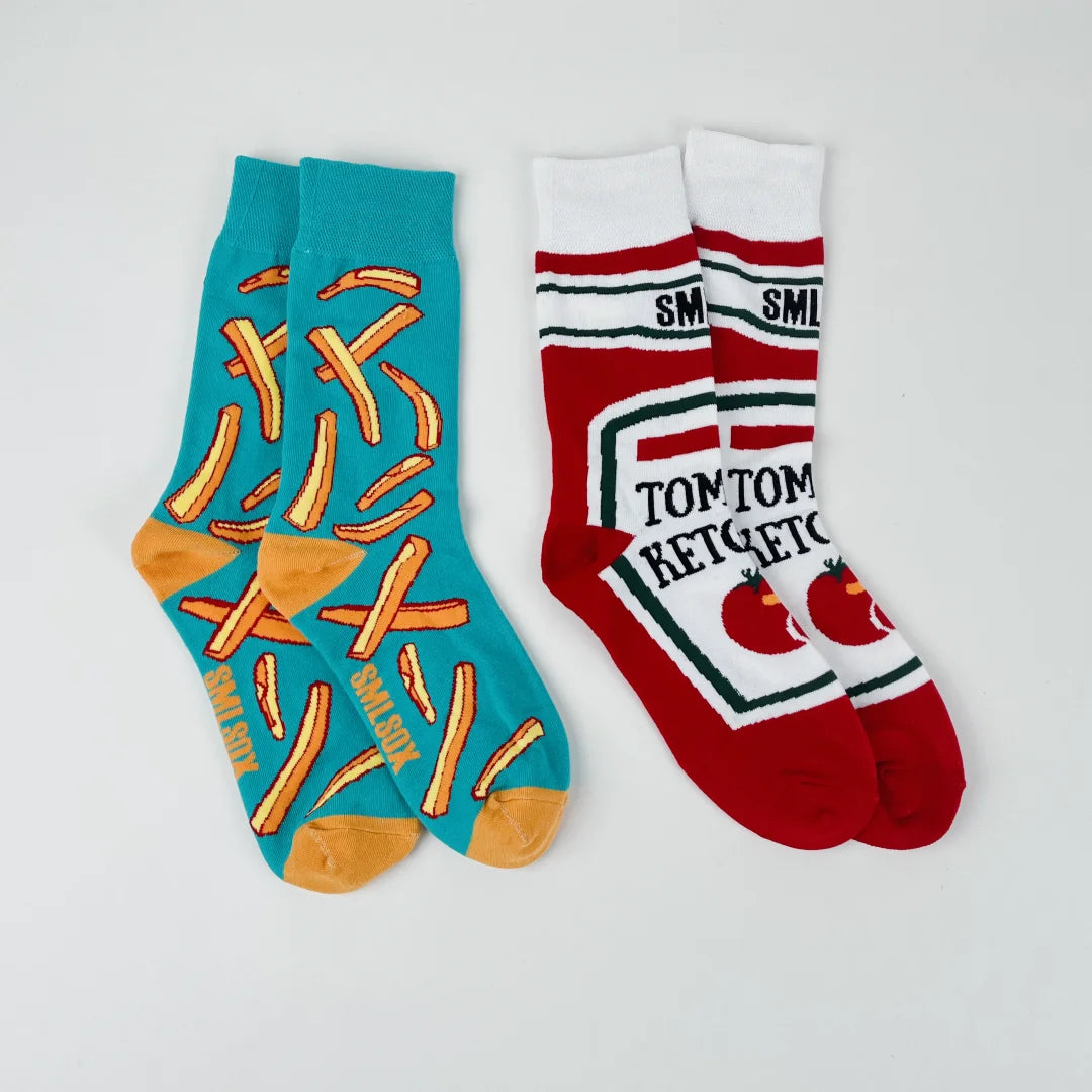 1 par Unisex divertido estilo AB tomate Ketchup French Fry impreso calcetines a media pantorrilla traje en todas las estaciones
