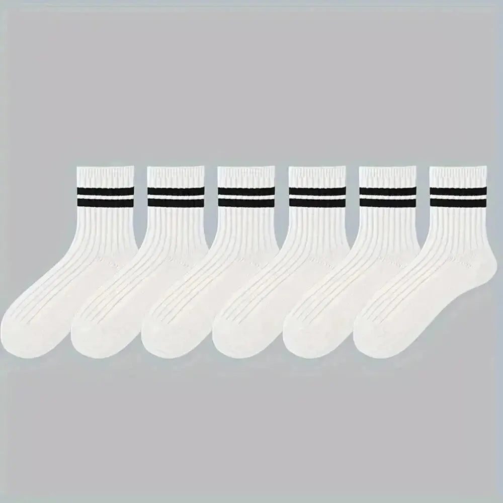 6/10 pares de calcetines para hombre, calcetines sencillos informales a rayas blancas y negras para primavera y otoño, calcetines transpirables de tubo medio, calcetines de cuello redondo de alta calidad