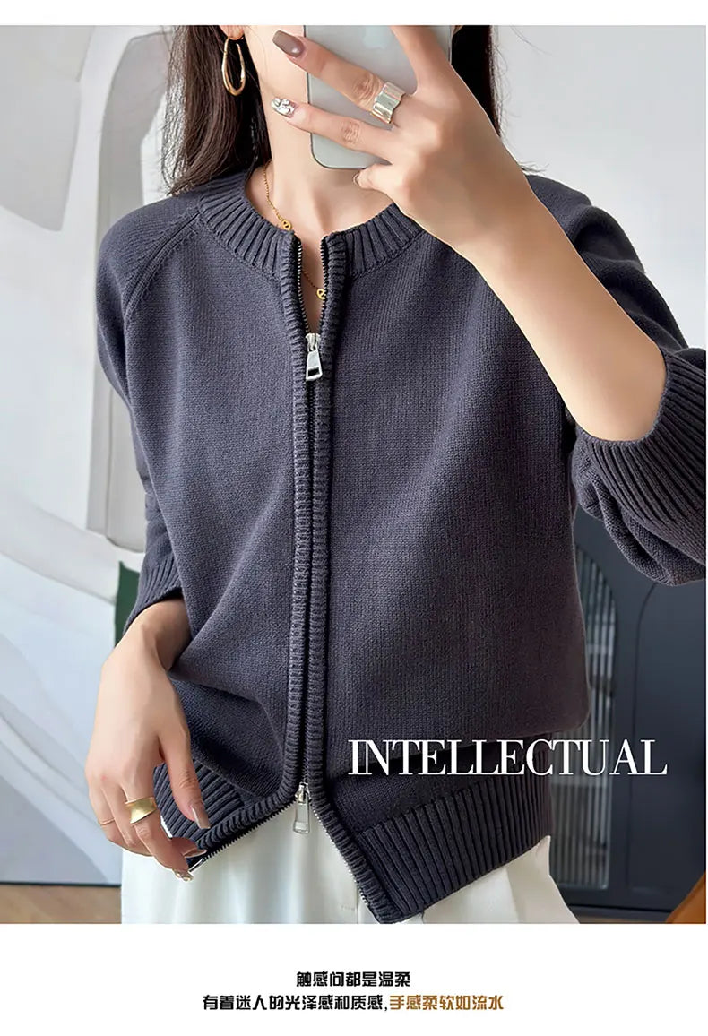YTFidio 100% de algodón para mujer, cárdigan liso con cremallera gruesa y cuello redondo, ropa de diseñador de lujo, jersey para mujer, Tops femeninos 401