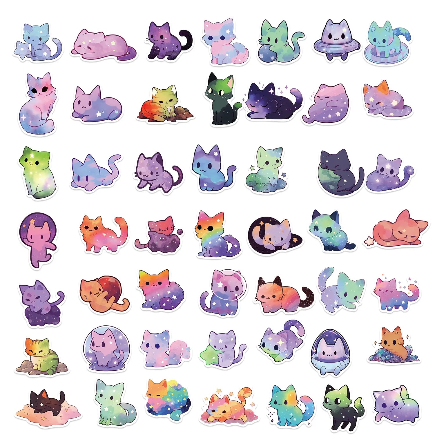 50 pegatinas de gato de cielo estrellado arcoíris de dibujos animados, pegatinas impermeables de gato estético lindo para botella de agua, computadora portátil, teléfono,
