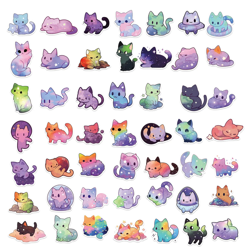 50 pegatinas de gato de cielo estrellado arcoíris de dibujos animados, pegatinas impermeables de gato estético lindo para botella de agua, computadora portátil, teléfono,