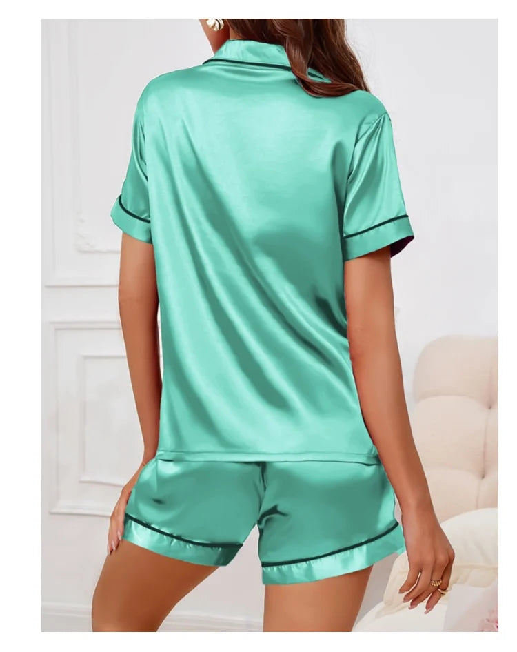 Conjunto de pijama de satén de seda para mujer, Top con botones y pantalones cortos, ropa de dormir con cuello con muescas, ropa de dormir de verano, 2 piezas