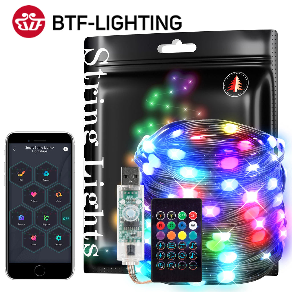 Dreamcolor cadena de luces navideñas BT música WS2812B RGBIC iluminación direccionable fiesta boda guirnalda decoración al aire libre USB DC5V
