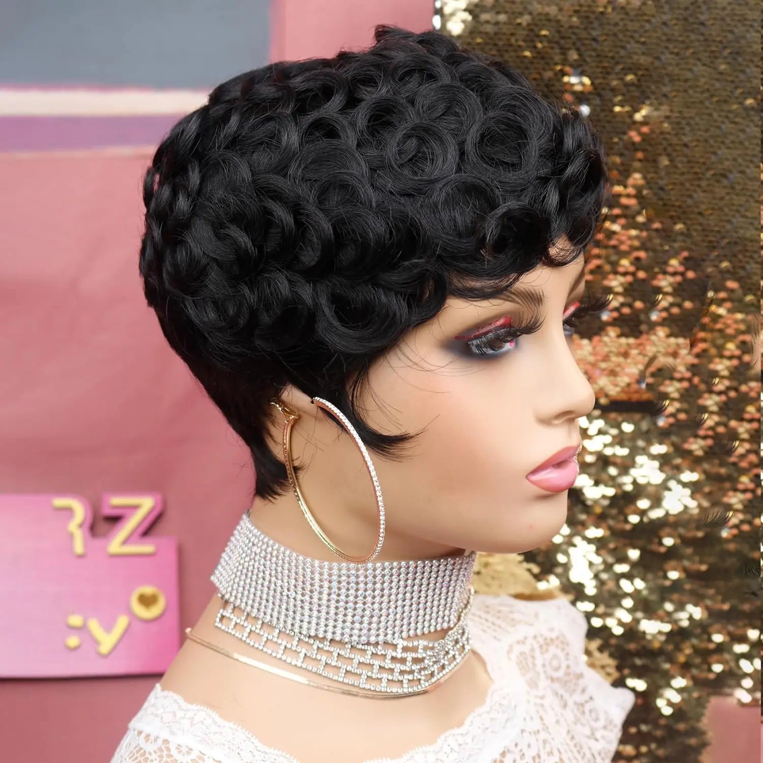 Pelucas cortas de Pixie para mujeres negras, pelucas cortas negras rizadas de Pixie, pelucas de pelo sintético para mujeres negras, Ondulado Natural, corte Pixie negro W