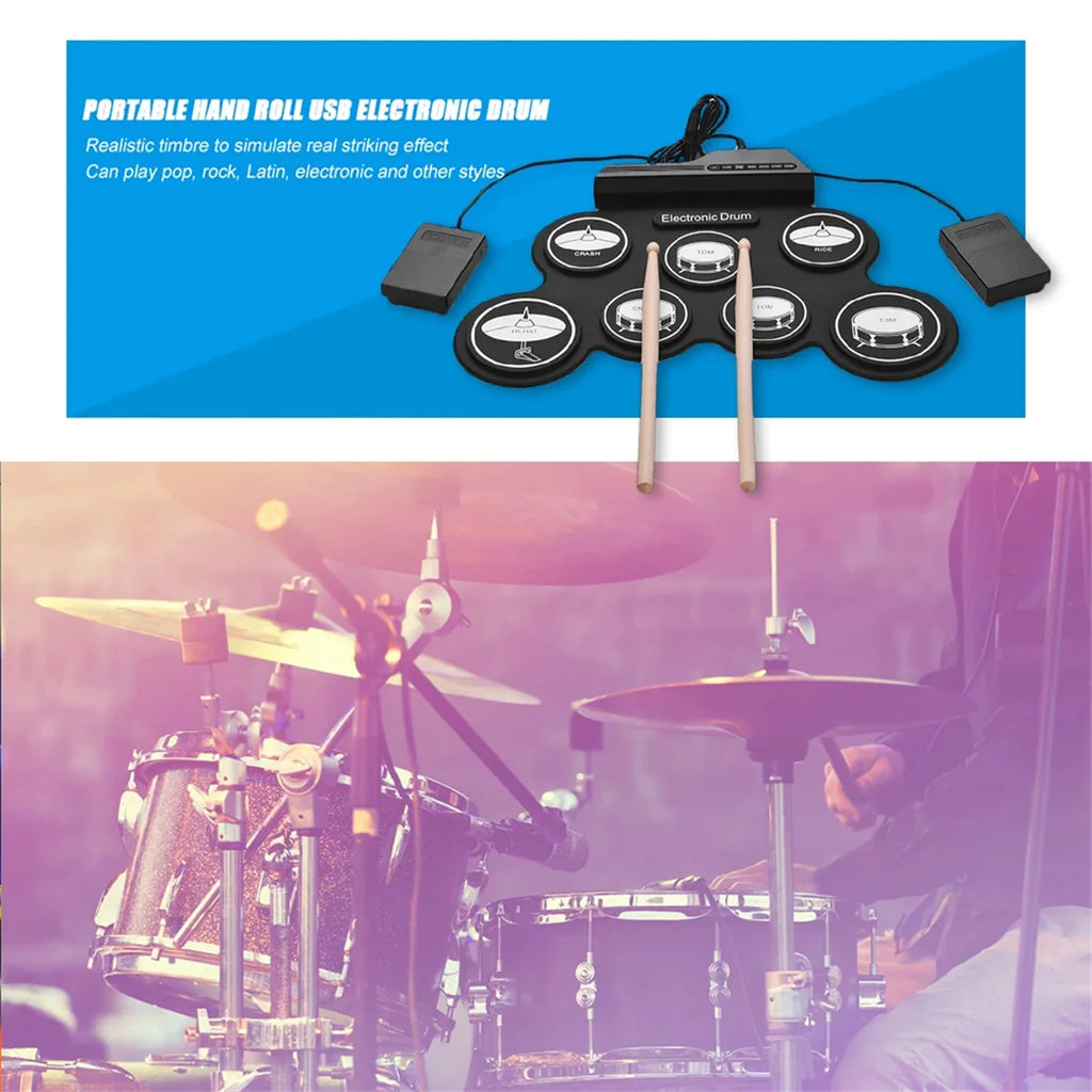 Rollo de mano de silicona plegable, tambor electrónico USB, Kit de almohadilla de práctica portátil con baquetas, Pedal de sostenido, novedad de 2022