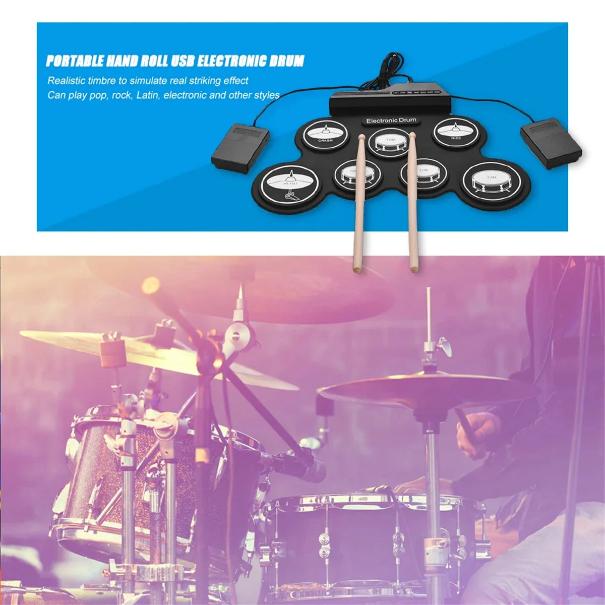 Rollo de mano de silicona plegable, tambor electrónico USB, Kit de almohadilla de práctica portátil con baquetas, Pedal de sostenido, novedad de 2022
