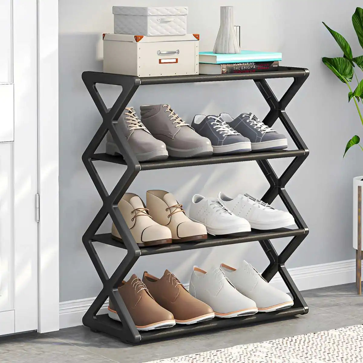 Zapatero de 4 Niveles en Forma de X, Multifuncional, a Prueba de Polvo, para Dormitorios, Entradas, Pasillos y Habitaciones