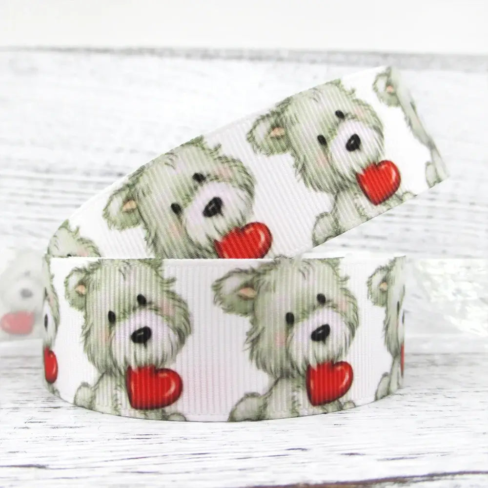 Cinta de grogrén estampada para mascotas con dibujos de perros sosteniendo corazones, ideal para envolver regalos y DIY.