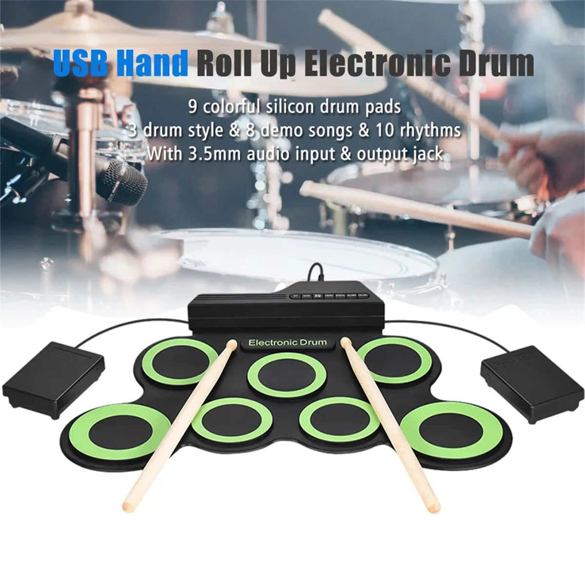 Rollo de mano de silicona plegable, tambor electrónico USB, Kit de almohadilla de práctica portátil con baquetas, Pedal de sostenido, novedad de 2022