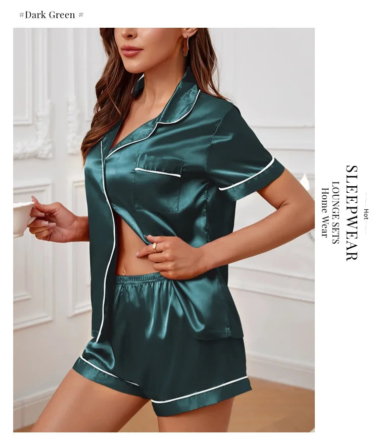 Conjunto de pijama de satén de seda para mujer, Top con botones y pantalones cortos, ropa de dormir con cuello con muescas, ropa de dormir de verano, 2 piezas