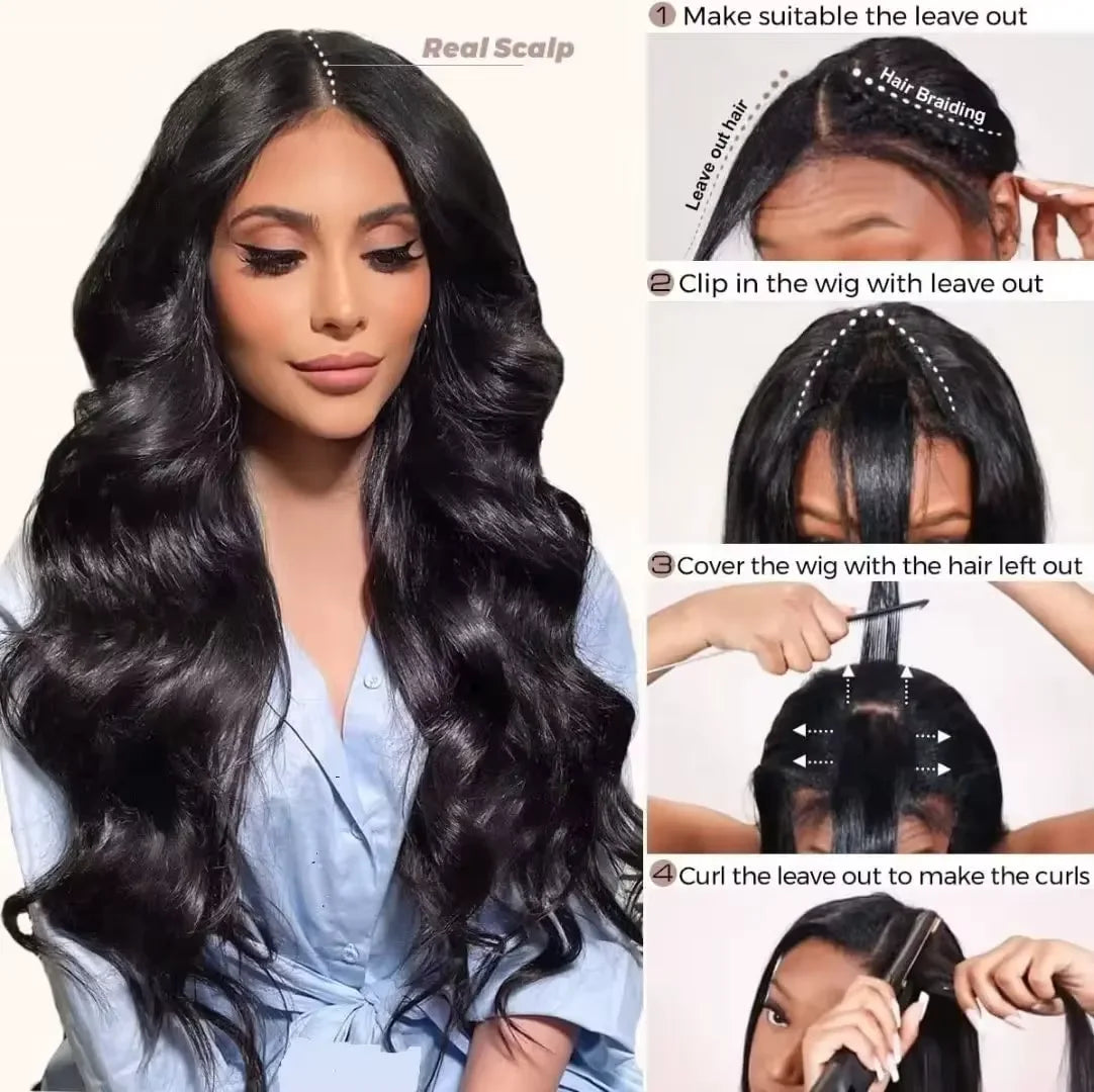 Pelucas con parte en V para mujeres negras, cabello humano con 250% de densidad, Clip para cabeza completa en media peluca sin dejar fuera, peluca ondulada para mujeres negras