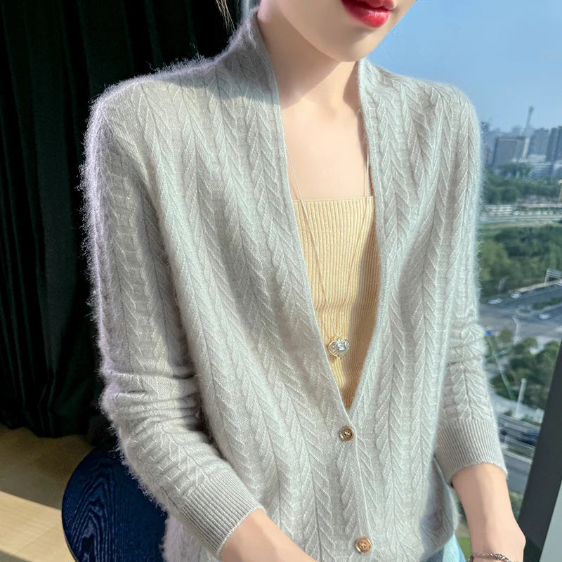 Cárdigan con cuello de bufanda para mujer, Tops, Otoño Invierno, nuevo suéter elegante de lana merina de 100%, suéter de lana elegante para mujer, blusa suave elegante