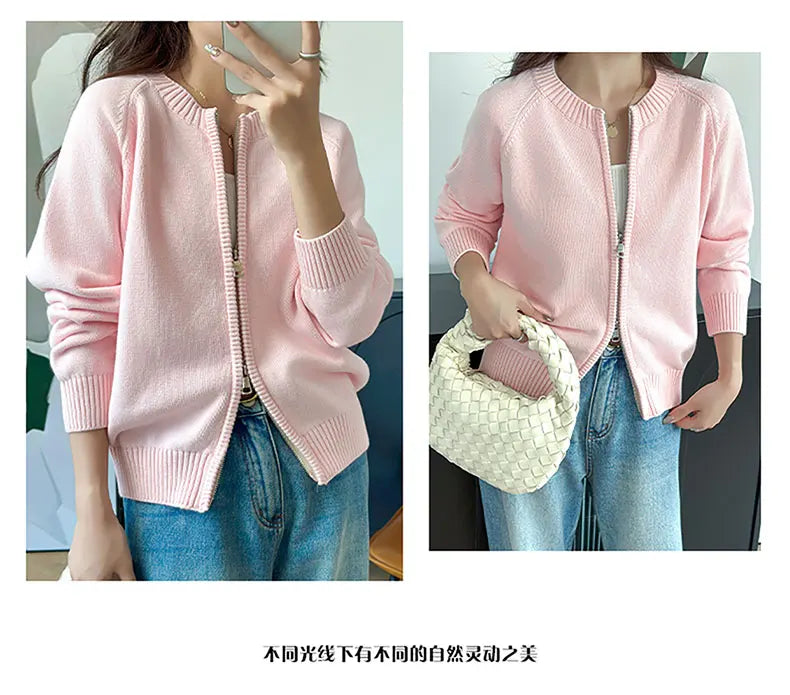 YTFidio 100% de algodón para mujer, cárdigan liso con cremallera gruesa y cuello redondo, ropa de diseñador de lujo, jersey para mujer, Tops femeninos 401