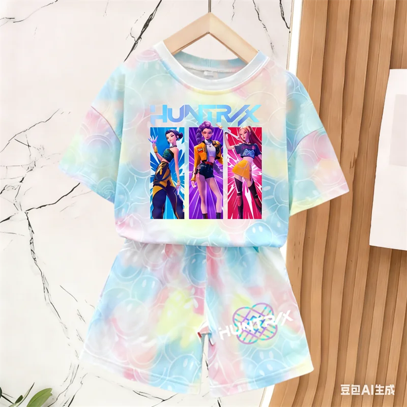 Nuevo Conjunto de Camiseta y Pantalones para Niñas, Ropa de Verano, Conjunto de Manga Corta con Estampado de Cara Sonriente, Conjunto de Camiseta y Pantalones Cortos para Niños