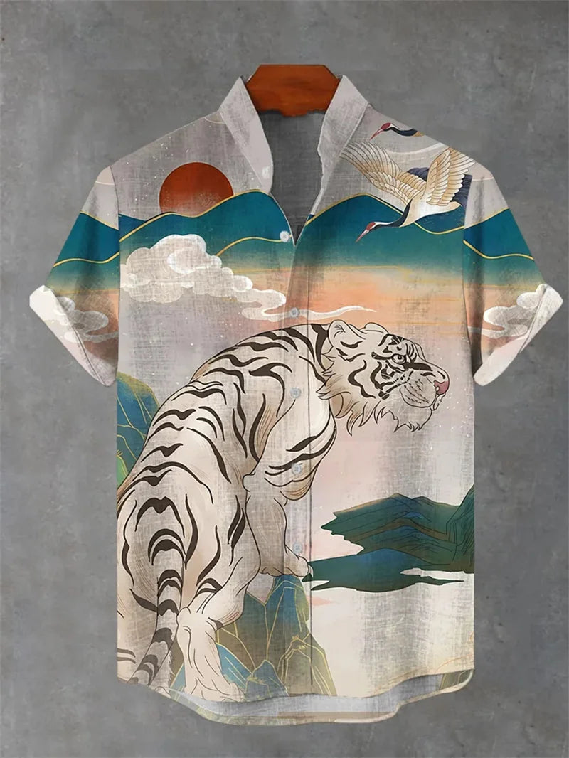 2025 nueva camisa para hombre con estampado 3D de gato pantalón corto informal de manga, camisa con botones de solapa de moda hecha de lino