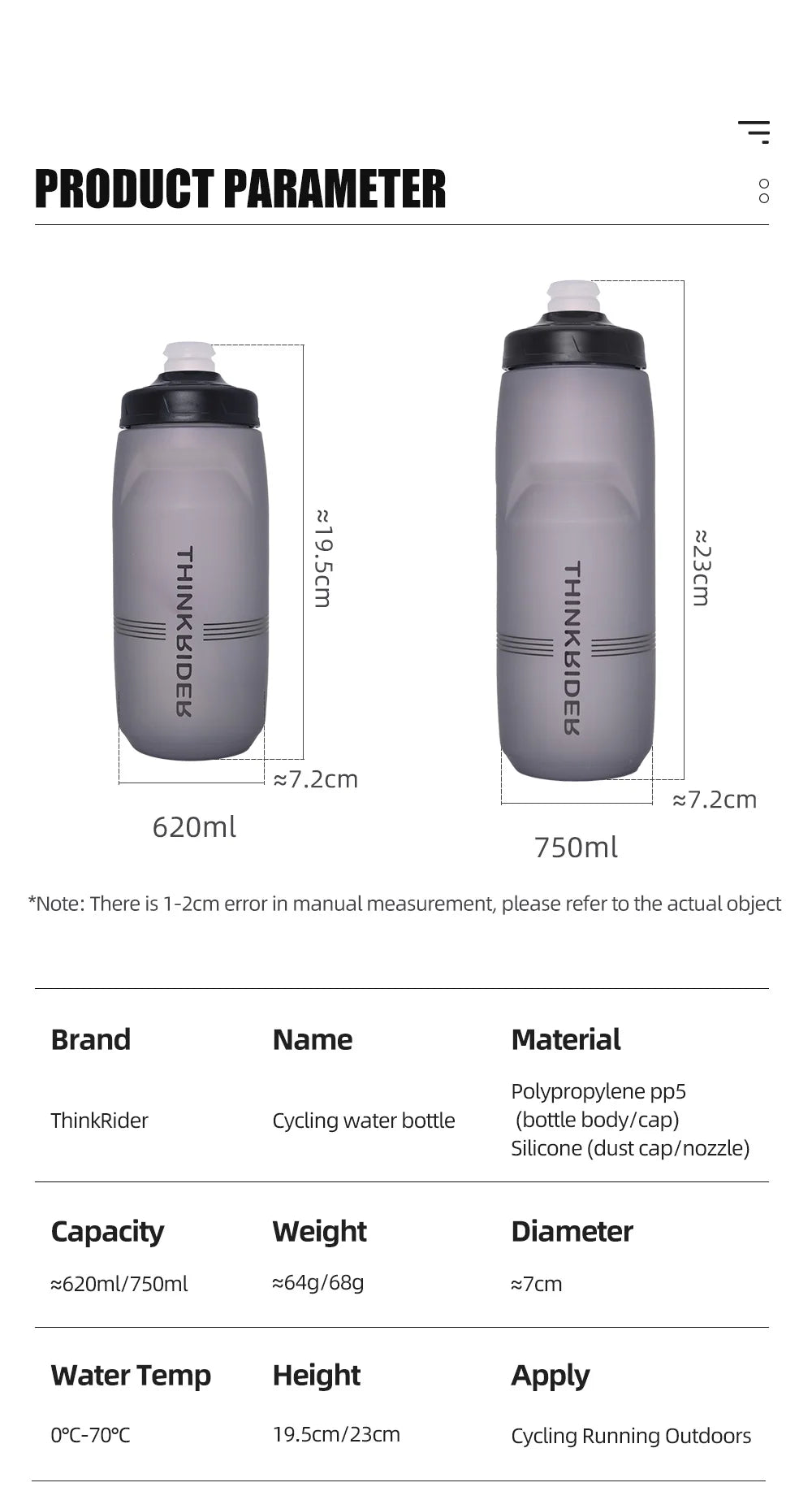 ThinkRider-botella de agua para bicicleta de montaña y carretera, botella de plástico portátil de gran capacidad para deportes al aire libre, 620ml/750ml