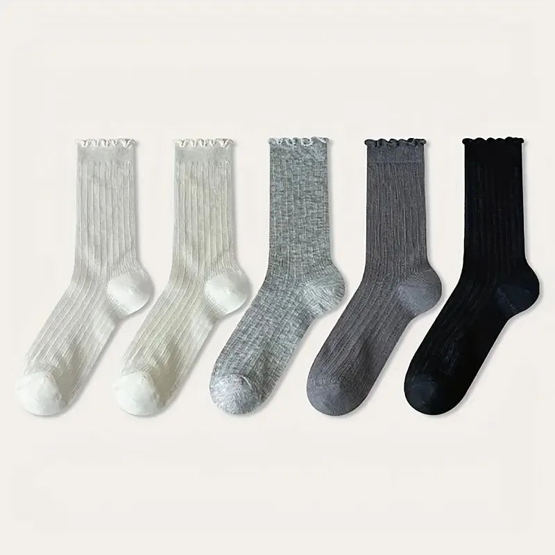 5/10 pares de calcetines de tubo medio de malla de Color sólido para mujer, calcetines informales ligeros transpirables de moda con borde ondulado estilo Ballet
