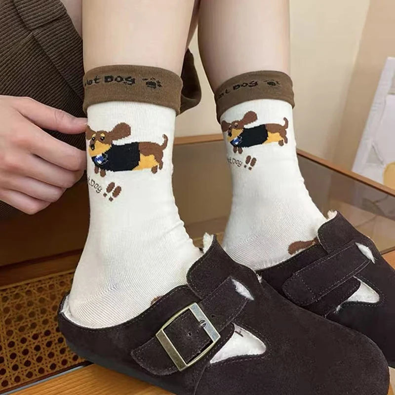 【N】 Calcetines divertidos de algodón con animales de perro salchicha, calcetines lindos y cálidos con estampado de dibujos animados de perro salchicha para otoño e invierno
