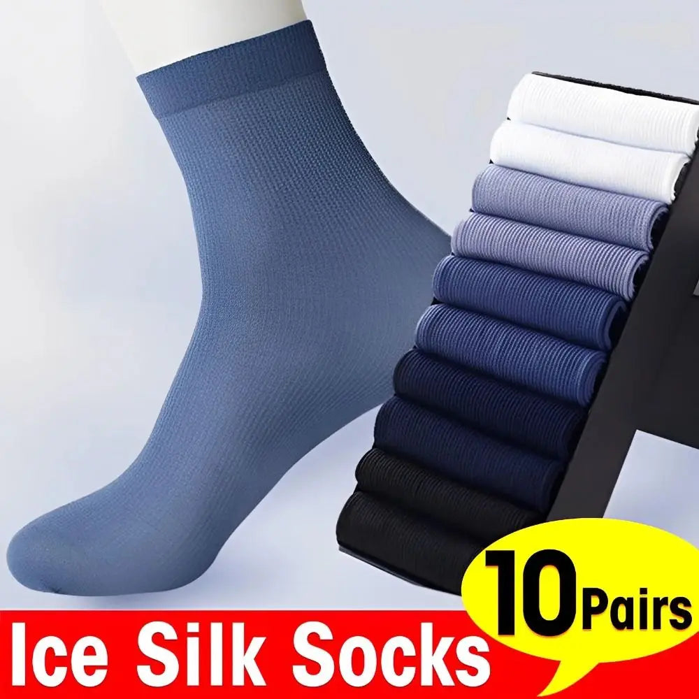 10 pares de calcetines de seda de hielo para hombre, calcetines ultrafinos de verano y primavera, calcetines de negocios sólidos, calcetines suaves transpirables, calcetines tobilleros de fibra de bambú