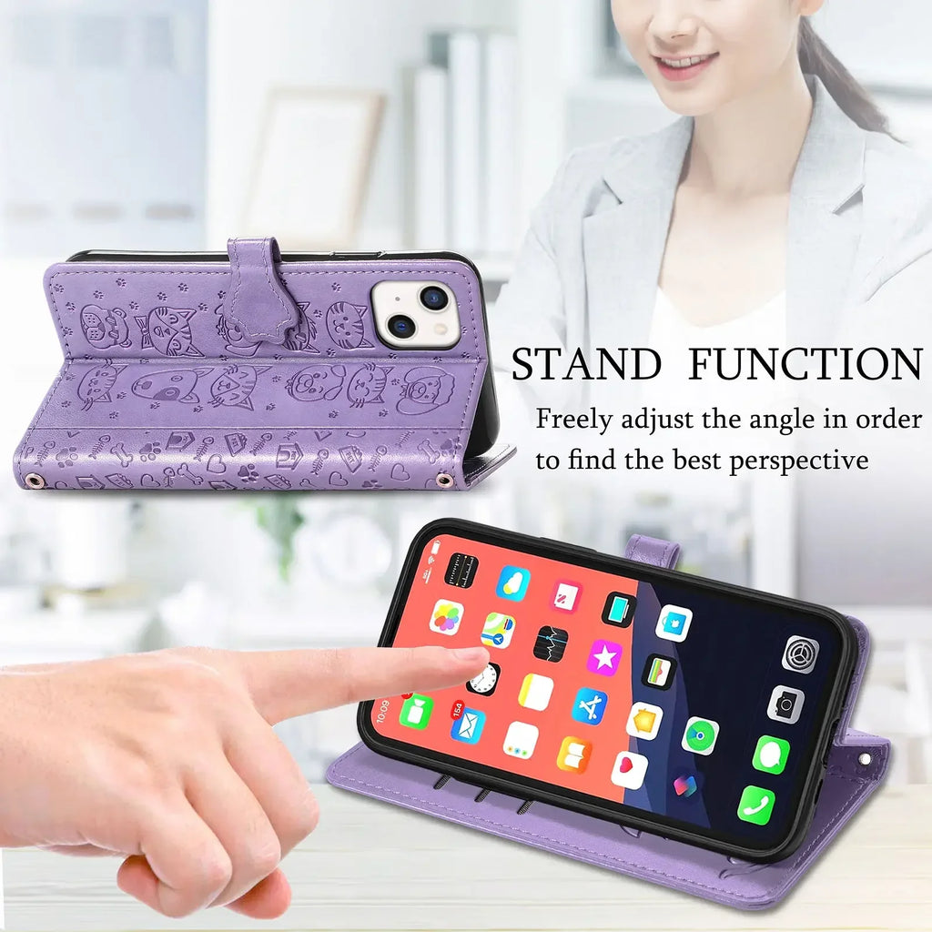 Funda de cuero de lujo para iPhone con diseño de perro y gato, función de soporte ajustable para múltiples ángulos.
