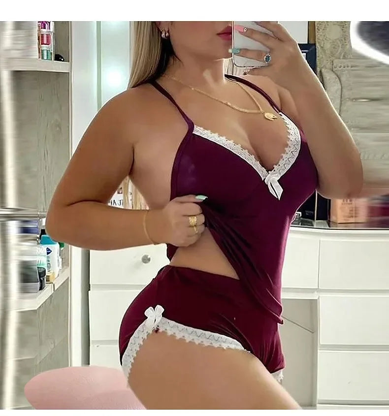 Conjunto de camisón con ribete de encaje sexy, ropa de dormir con tirantes para el hogar de gran tamaño, conjunto de dos piezas, gran oferta