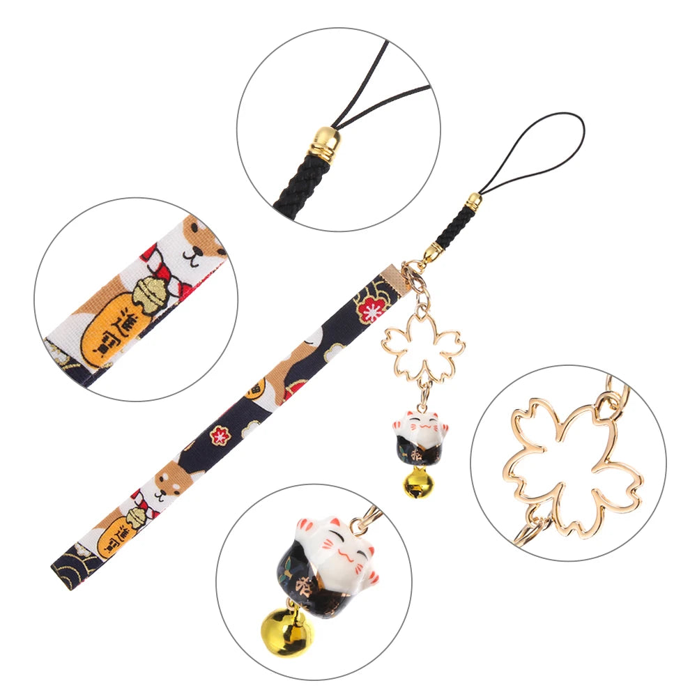 Cordón de correa para teléfono, cuerda colgante de muñeca, estilo japonés, antipérdida, Sakura, gato de la suerte, 1 unidad