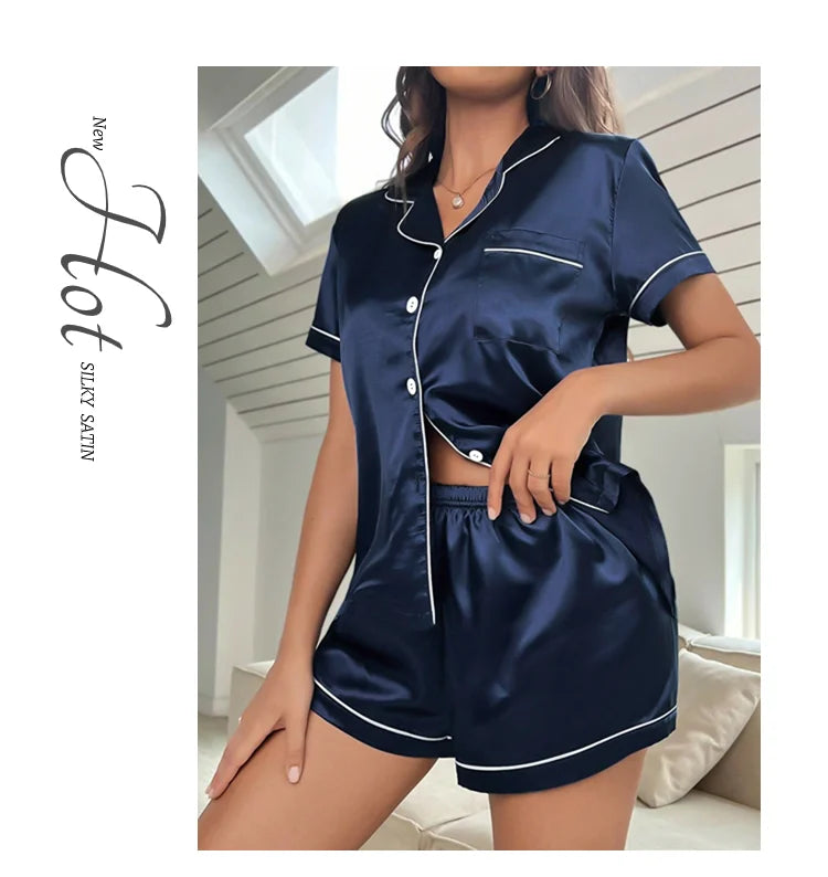 Conjunto de pijama de satén de seda para mujer, Top con botones y pantalones cortos, ropa de dormir con cuello con muescas, ropa de dormir de verano, 2 piezas