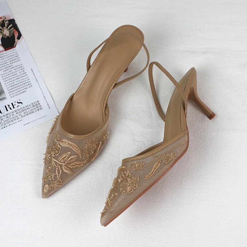 Sandalias de tacón alto de marca de lujo para mujer, zapatos de vestir de novia con bordado de malla, elegantes y puntiagudos, para fiesta de noche y boda