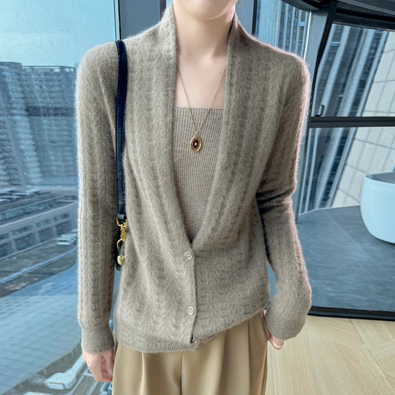 Cárdigan con cuello de bufanda para mujer, Tops, Otoño Invierno, nuevo suéter elegante de lana merina de 100%, suéter de lana elegante para mujer, blusa suave elegante