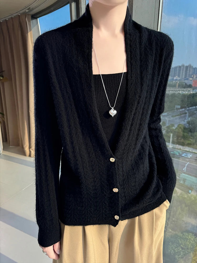 Cárdigan con cuello de bufanda para mujer, Tops, Otoño Invierno, nuevo suéter elegante de lana merina de 100%, suéter de lana elegante para mujer, blusa suave elegante