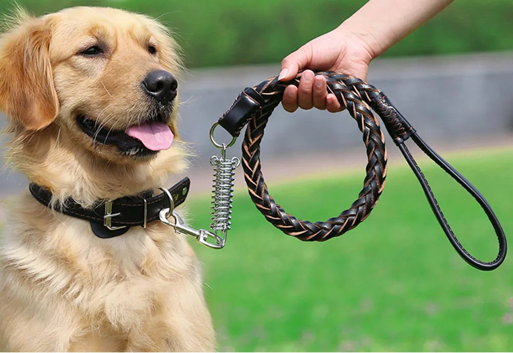 Correa de cuero Real para perros grandes, correa de entrenamiento trenzada de cuero, resistente y duradera, sin amortiguador, para perros.