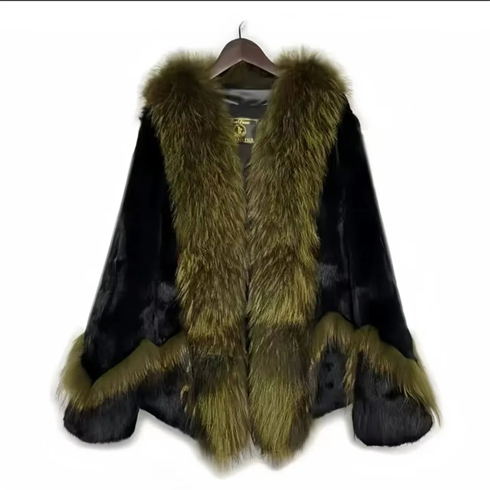 Abrigo de piel de conejo Rex auténtica para mujer, Chaqueta corta gruesa y cálida con cuello de piel de perro mapache, prendas de vestir exteriores cálidas elegantes para otoño e invierno