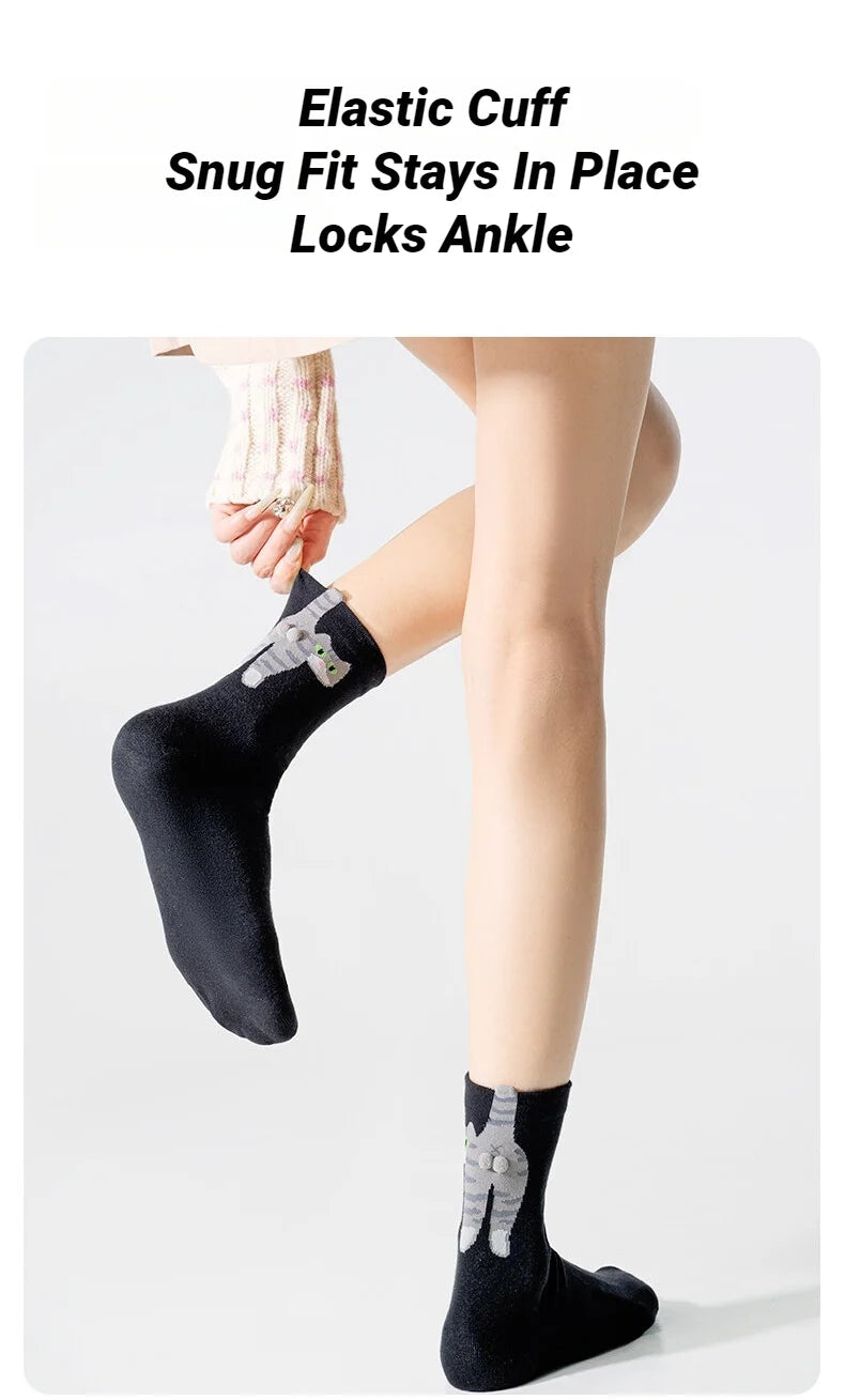 Calcetines Divertidos con Diseño de Gato, Negros/Blancos, Transpirables, Suaves, para Mujer, Novedad, Regalo Kawaii