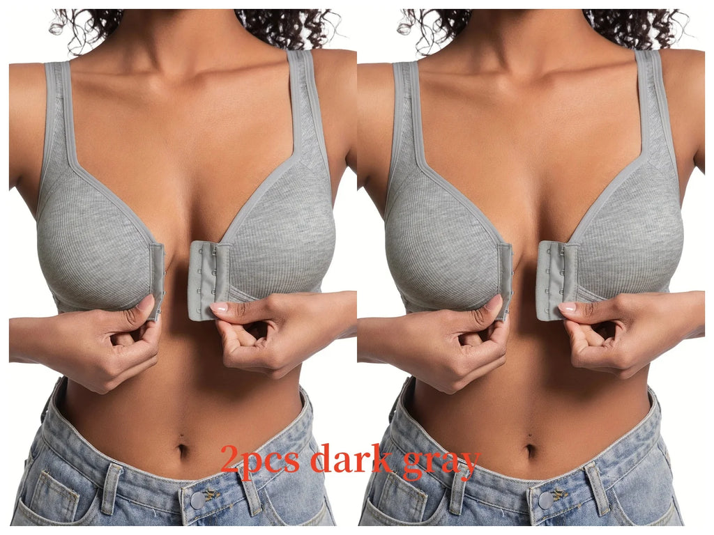 Sujetador de mujer sin aros con cierre frontal, color sólido, cobertura total, copas fijas, más consideradas para personas de mediana edad y mayores individuales