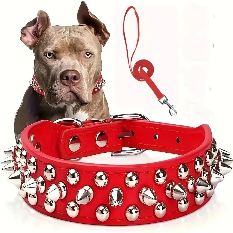 Juego de Collar y correa para perro con pinchos, Collar de perro de cuero con remaches, Collar ajustable para caminar al aire libre