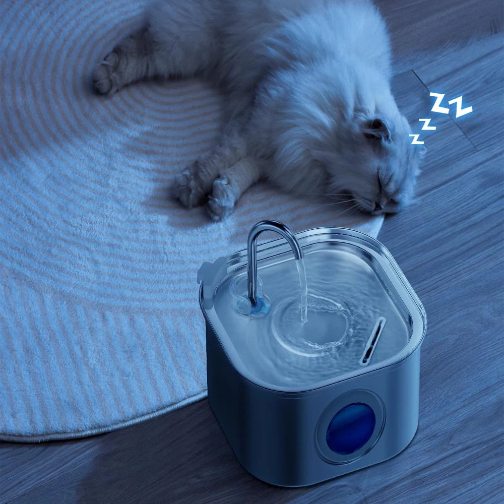 ZYFeeder Fuente de agua automática para gatos de 2,2 L, alimentador de agua cuadrado de acero inoxidable para mascotas, fuente de agua para perros con ventana (sin enchufe de 5 V 1 A)