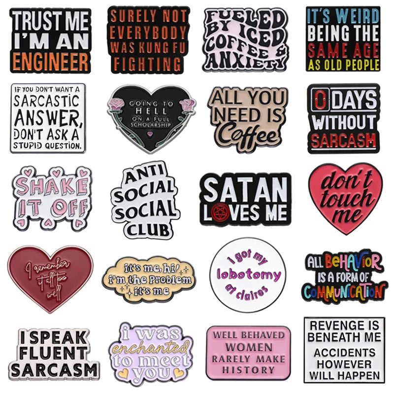 Alfileres esmaltados con frase divertida y humorística, broches con citas positivas geométricas creativas, insignia para solapa, joyería de moda, regalos para amigos