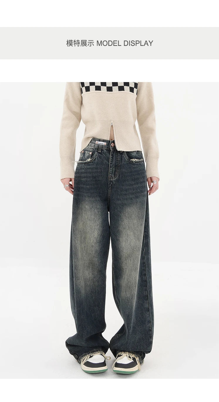 Ropa de calle Harajuku, moda Retro, pantalones vaqueros de cintura alta para mujer, pantalones vaqueros holgados rectos de pierna ancha Y2K, pantalones holgados