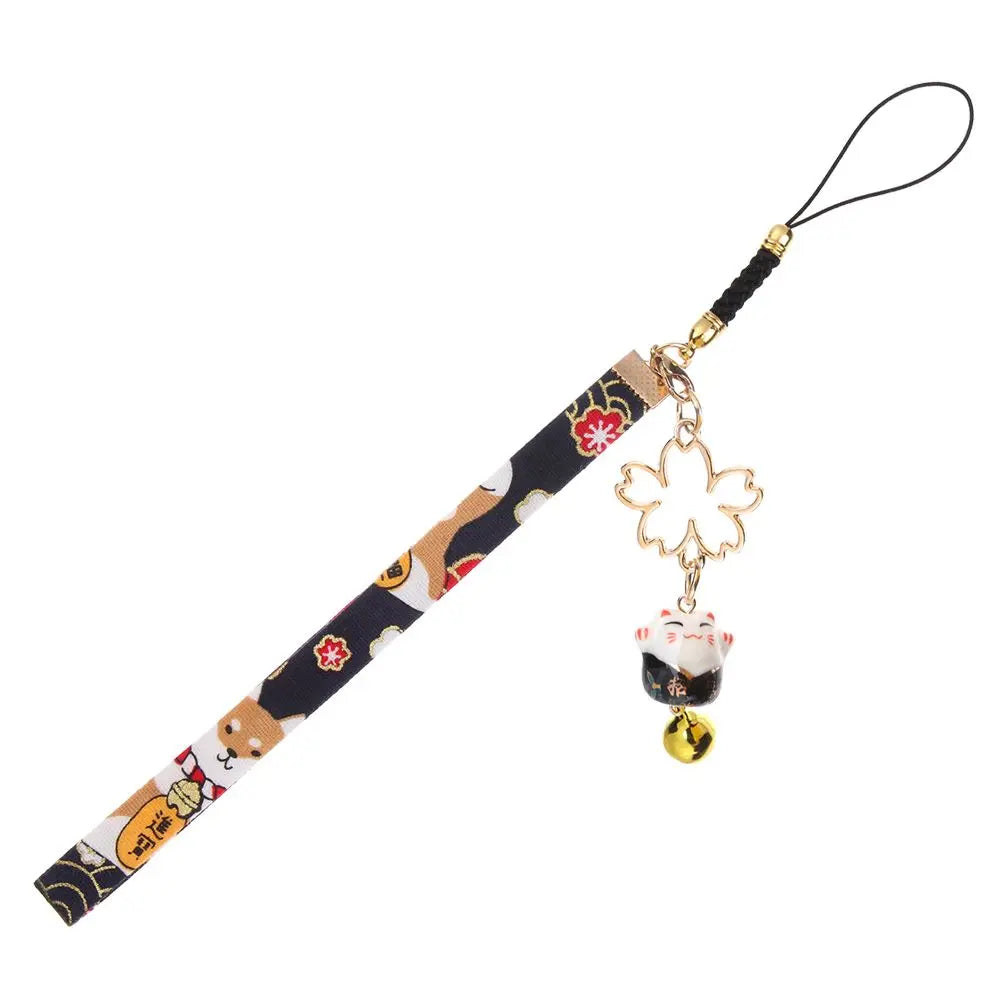 Cordón de correa para teléfono, cuerda colgante de muñeca, estilo japonés, antipérdida, Sakura, gato de la suerte, 1 unidad