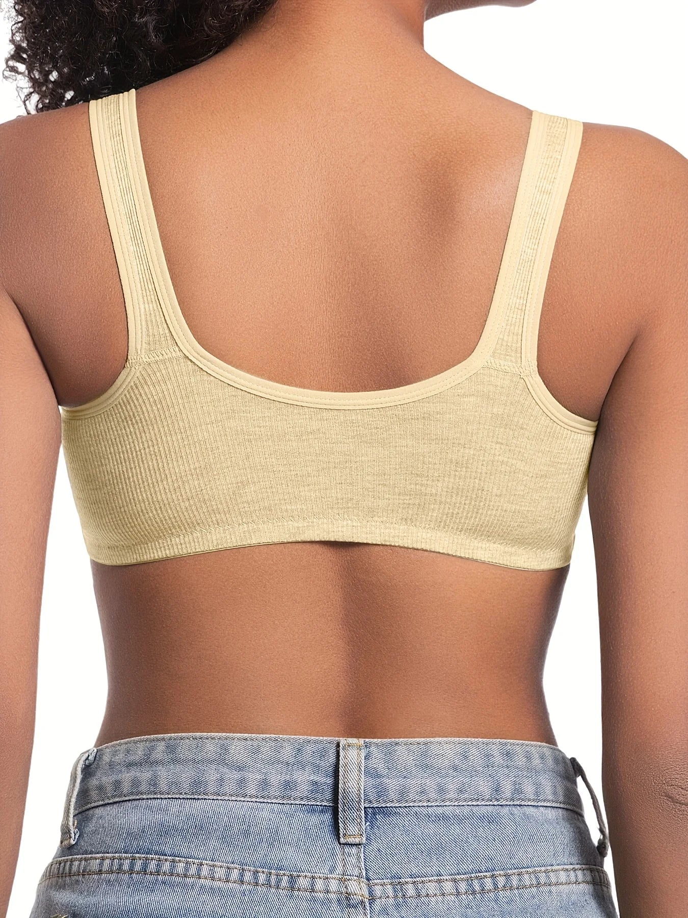 Sujetador de mujer sin aros con cierre frontal, color sólido, cobertura total, copas fijas, más consideradas para personas de mediana edad y mayores individuales