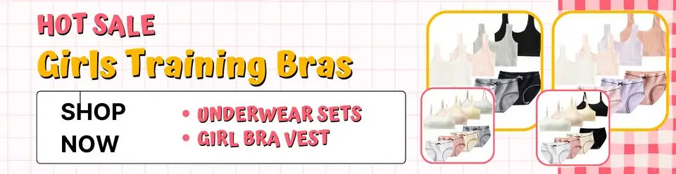 Hot sale banner for girls training bras with various styles and colors, featuring shop now options for underwear sets and girl bra vests.