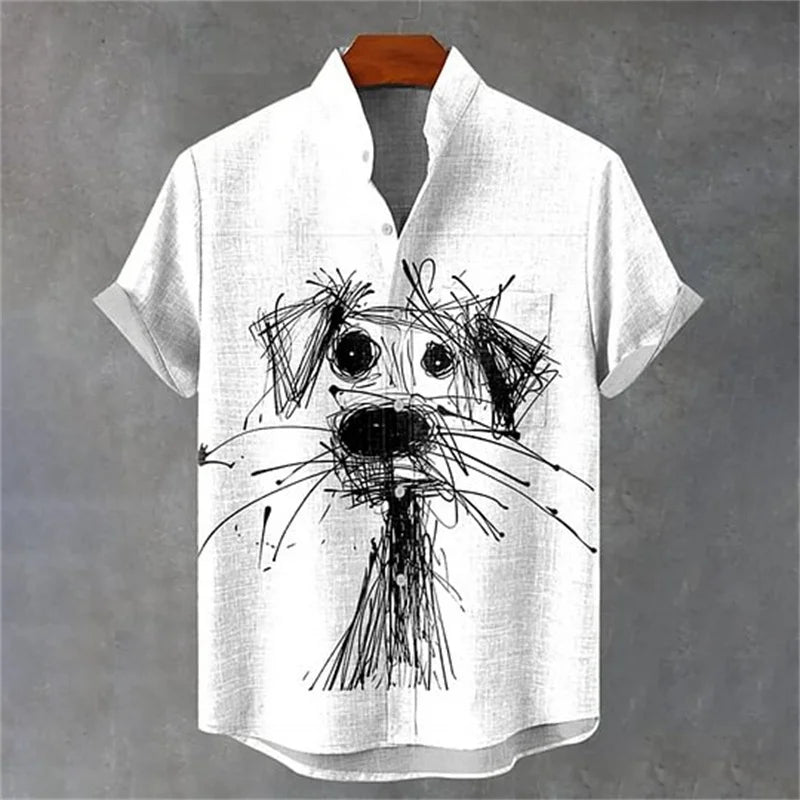 Novedad de verano para hombre, camisa de manga corta con estampado de gato artístico, camisa de manga corta de lino Vintage para hombre, Top informal