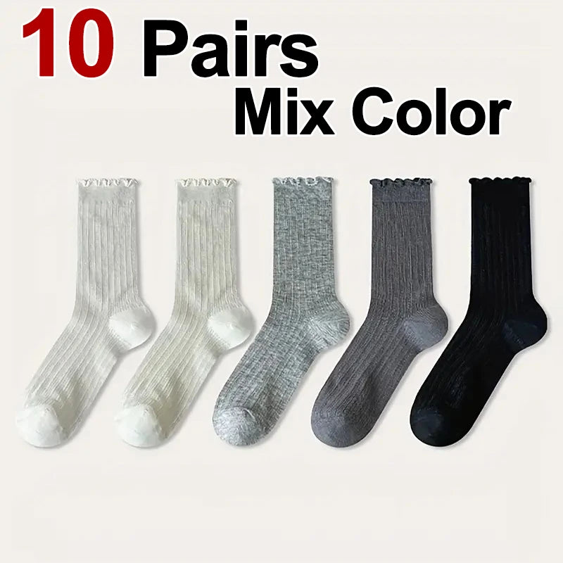 5/10 pares de calcetines de tubo medio de malla de Color sólido para mujer, calcetines informales ligeros transpirables de moda con borde ondulado estilo Ballet